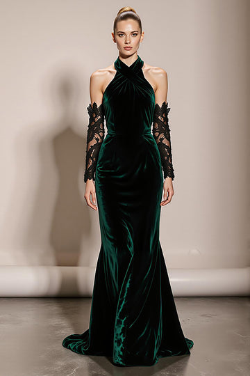 Dark Green Halter Velvet Mermaid Long Evening Dress